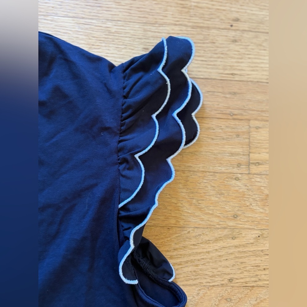 Nanette Lepore scallop trim ruffle sleeve cotton and modal tee shirt navy blue - Picture 3 of 6